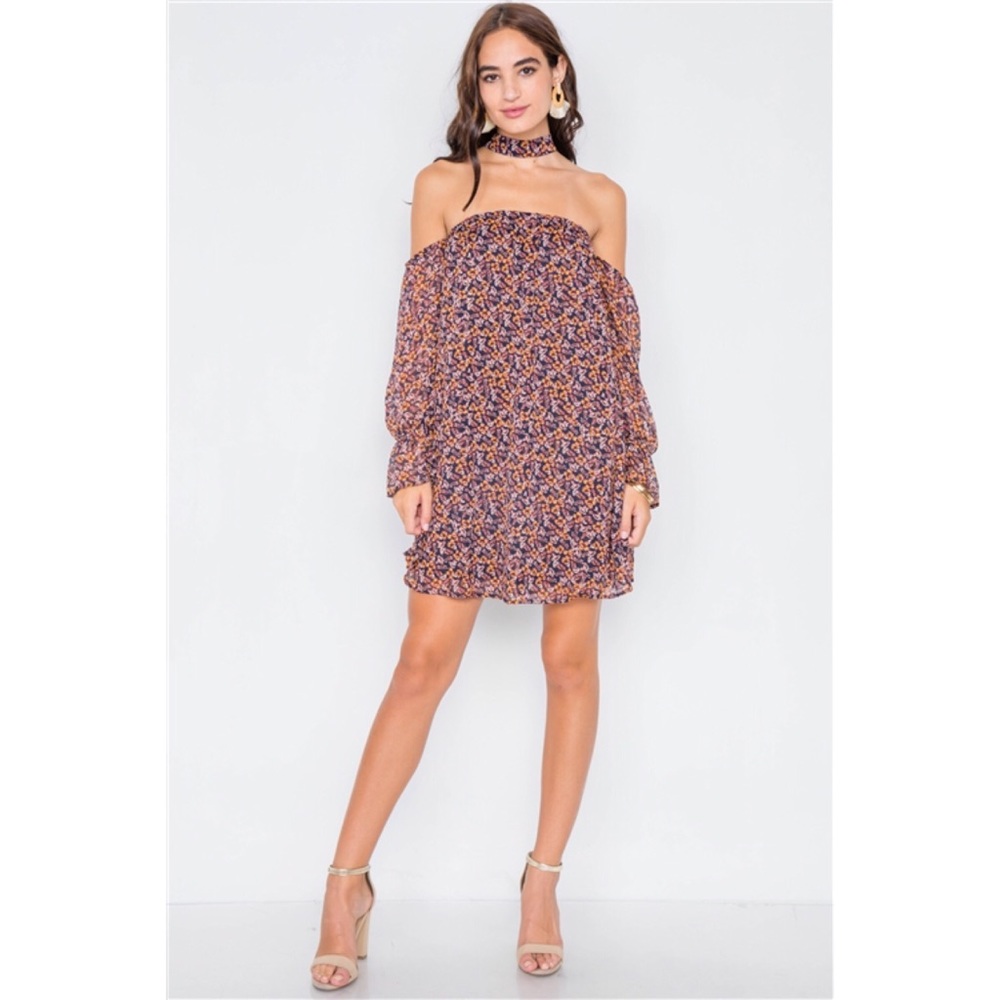 NAVY MUSTARD FLORAL PRINT SHEER MINI DRESS